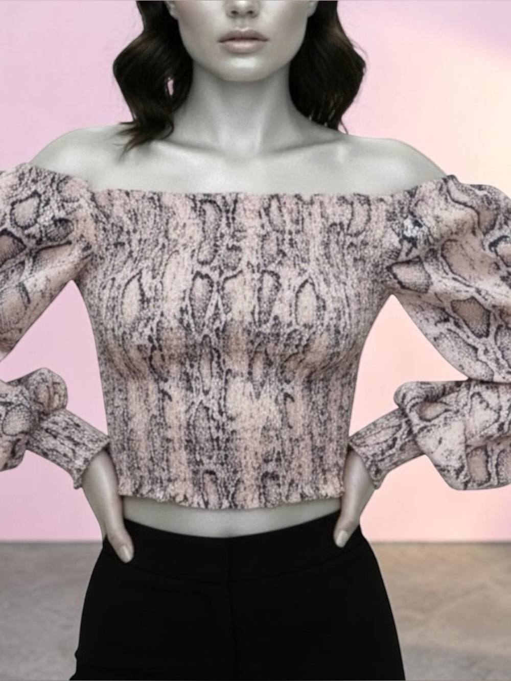 Strut & Bolt Pink Snakeskin Print Cropped Elastic Bodice Off-Shoulder Top | NWT